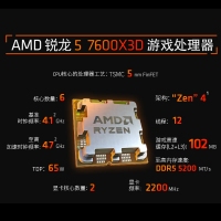 AMD銳龍5 7600X3D游戲處理器102MB游戲緩存6核12線程 加速頻率至高4.7GHz盒裝CPU 暢玩無畏契約/CSGO