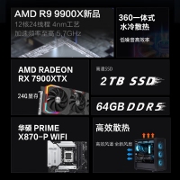【銳龍R9 9900X游戲電競(jìng)】銳龍R9-9900X/華碩X870/64G/2TB固態(tài)/RX7900XTX電競(jìng)游戲主機(jī)